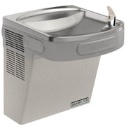Light gray granite wall-mounted water cooler with stainless steel basin and single drinking fountain spout.