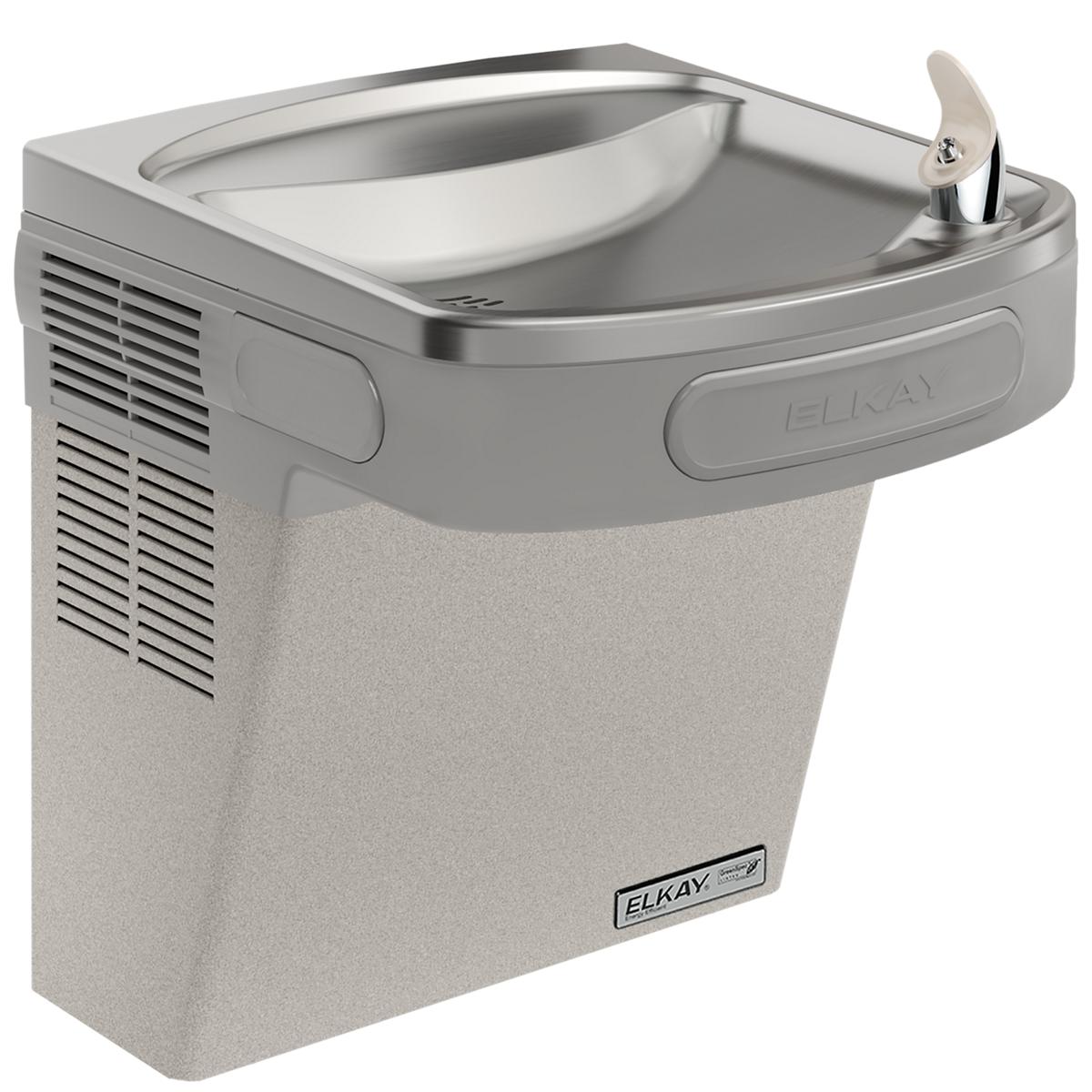 Light gray granite wall-mounted water cooler with stainless steel basin and single drinking fountain spout.
