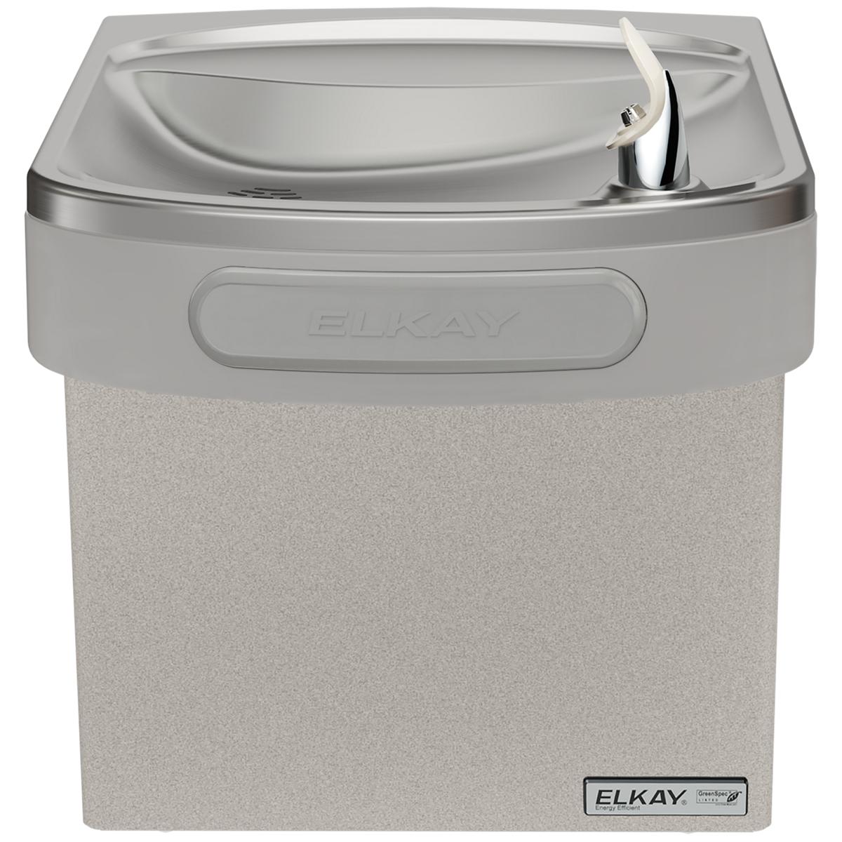 Light gray granite wall-mounted water cooler with curved basin and chrome spout.
