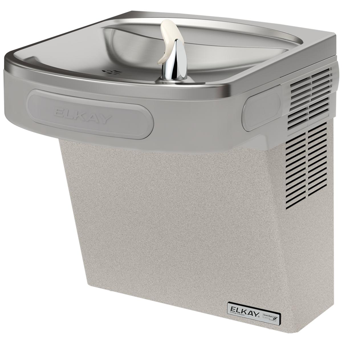 Light gray granite wall-mounted water cooler with curved basin, white drinking arc, and ventilation grille on side.
