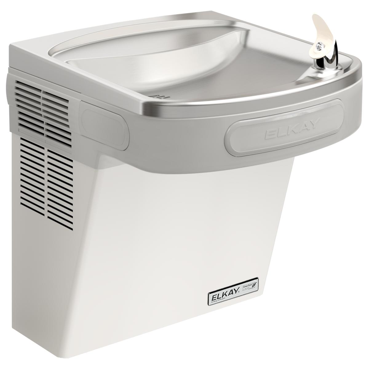 Stainless steel wall-mounted water cooler with curved basin, refrigeration unit on left side, and single drinking fountain sp