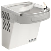 Stainless steel wall-mounted water cooler with curved basin, refrigeration unit on left side, and single drinking fountain sp