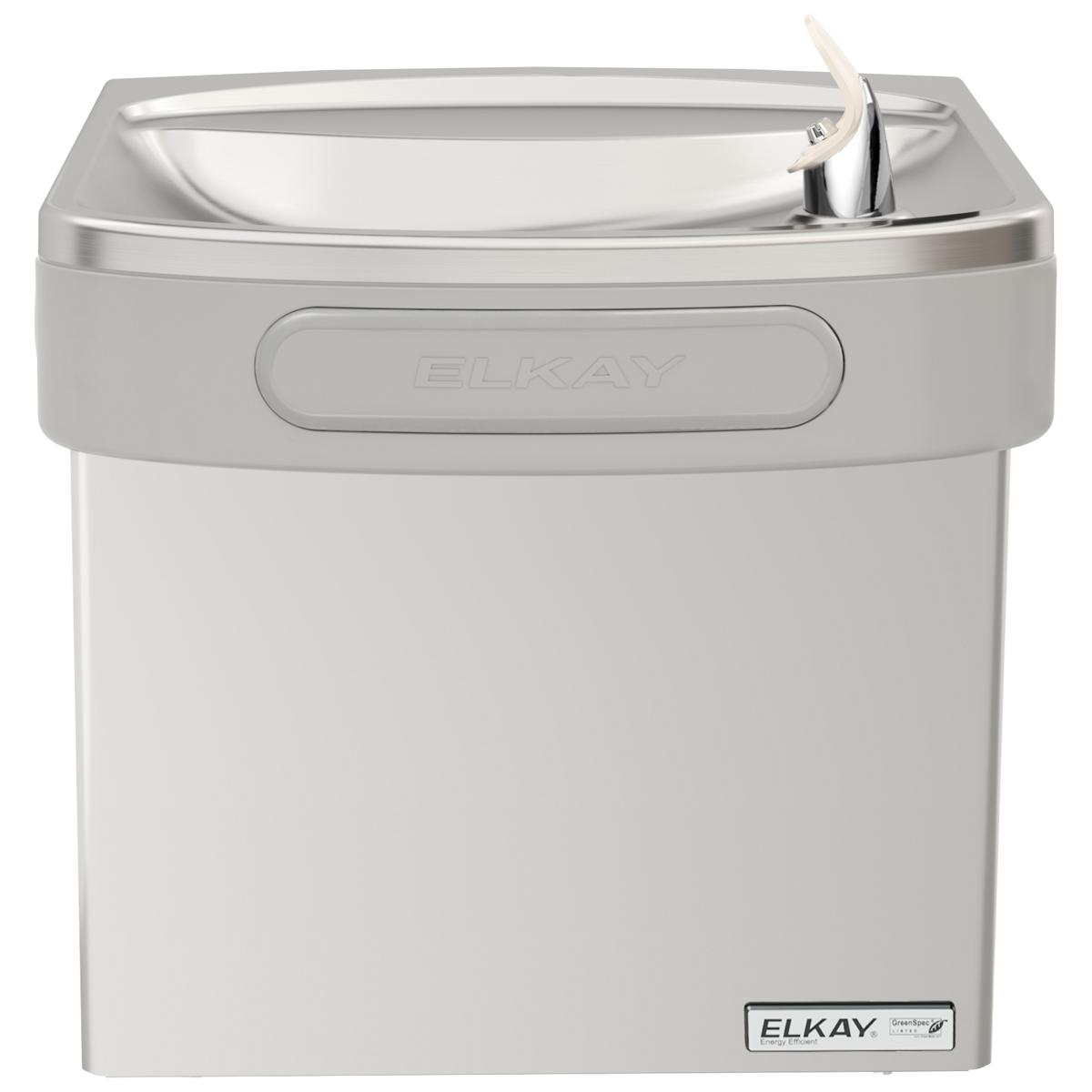 Elkay stainless steel wall-mounted water cooler with curved basin and chrome drinking fountain spout.
