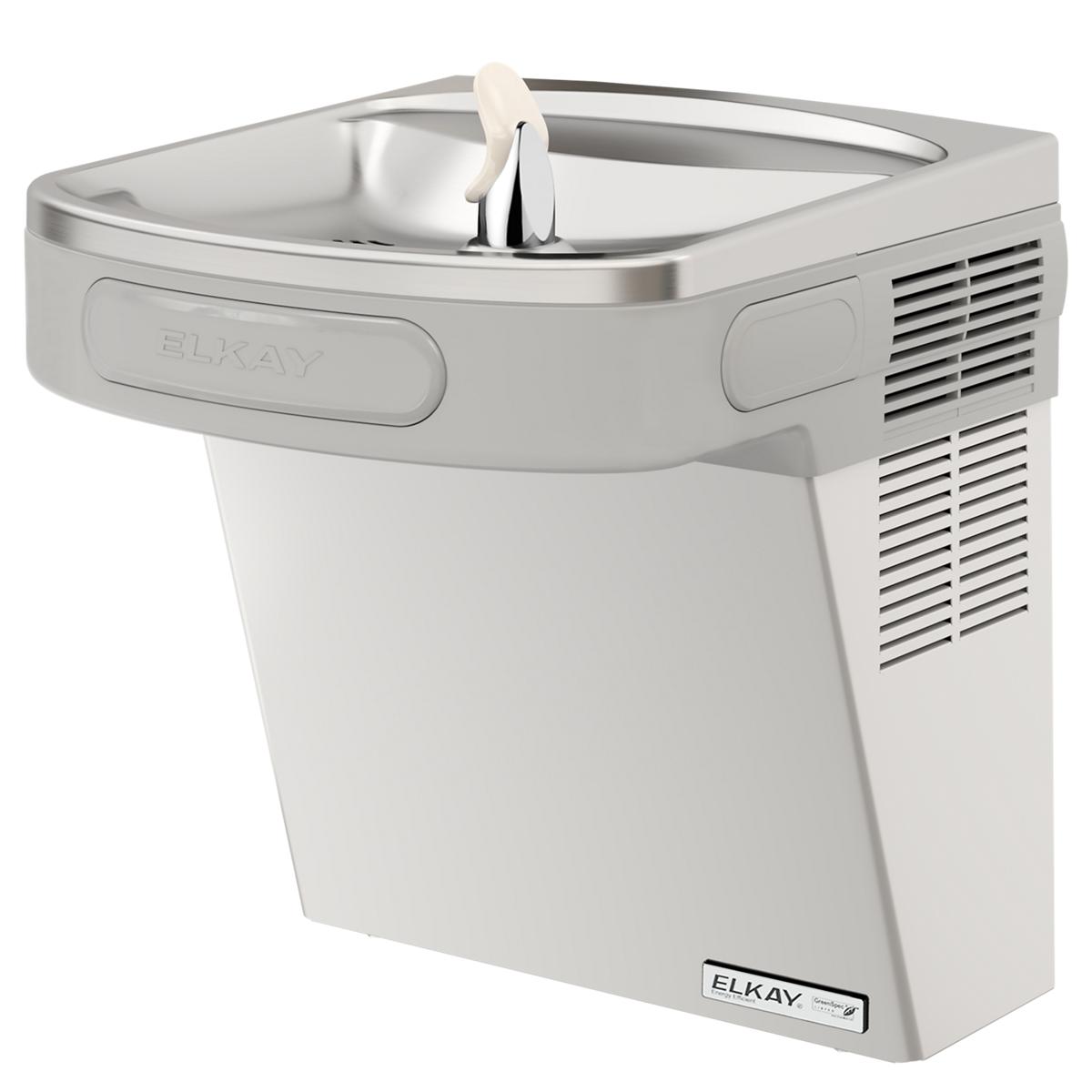Stainless steel wall-mounted water cooler with curved basin, refrigeration unit on right side, and white drinking fountain sp