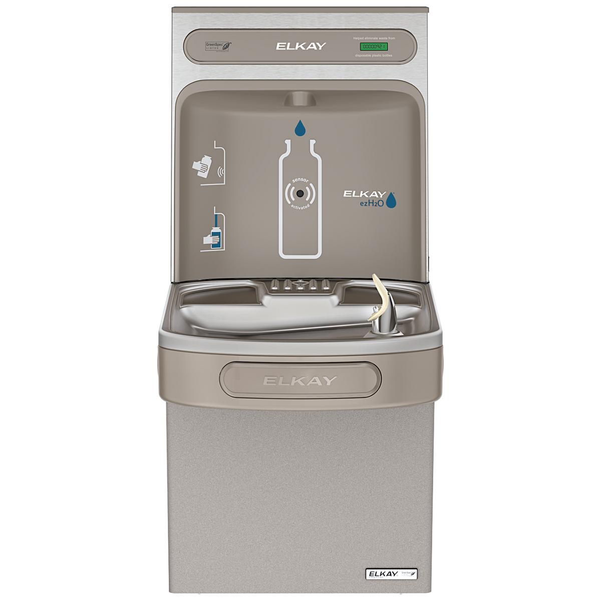 Light gray Elkay ezH2O bottle filling station with refrigerated water cooler and single ADA-compliant drinking fountain spout