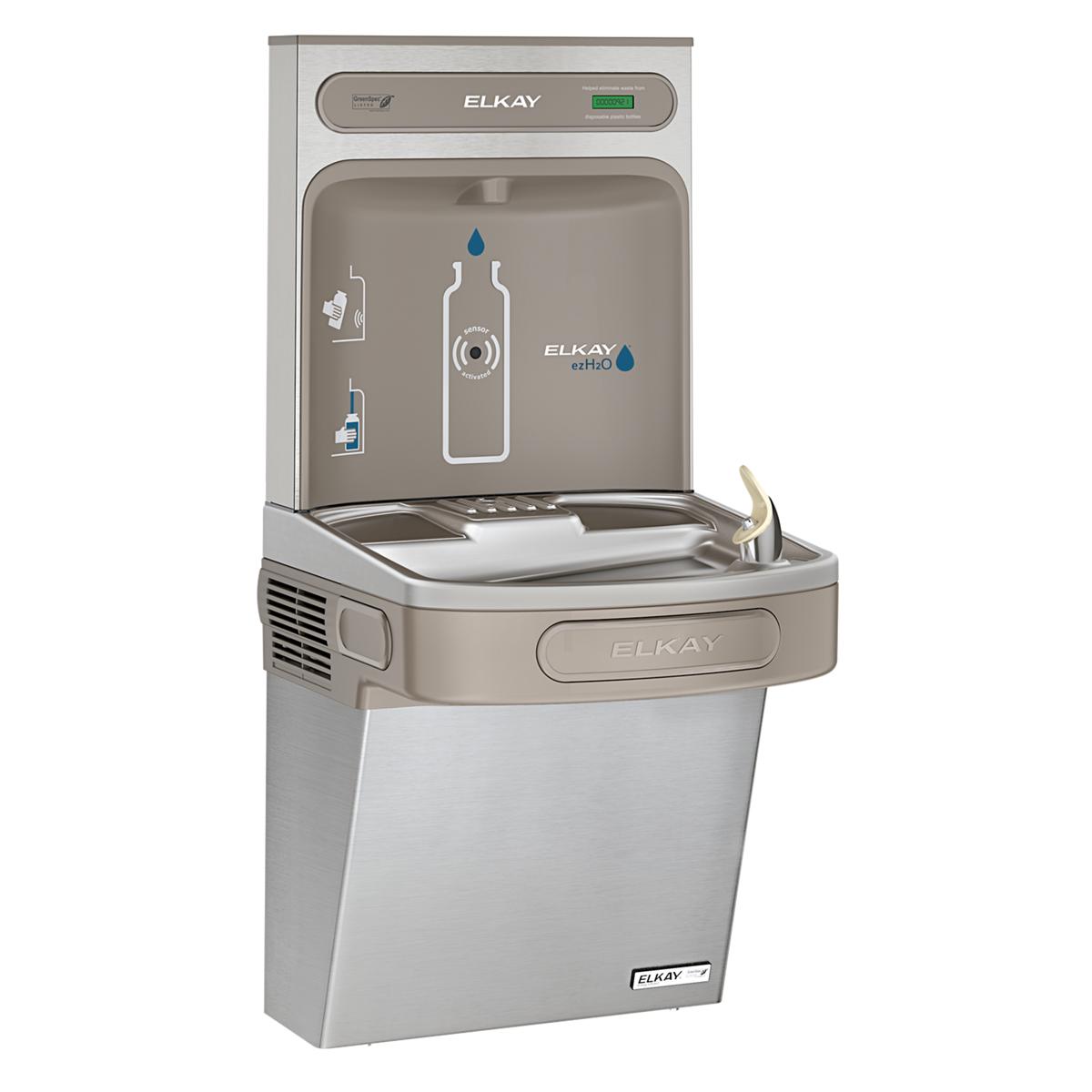 Stainless steel Elkay water cooler with bottle filling station on top, lower drinking fountain basin, and control panel with 
