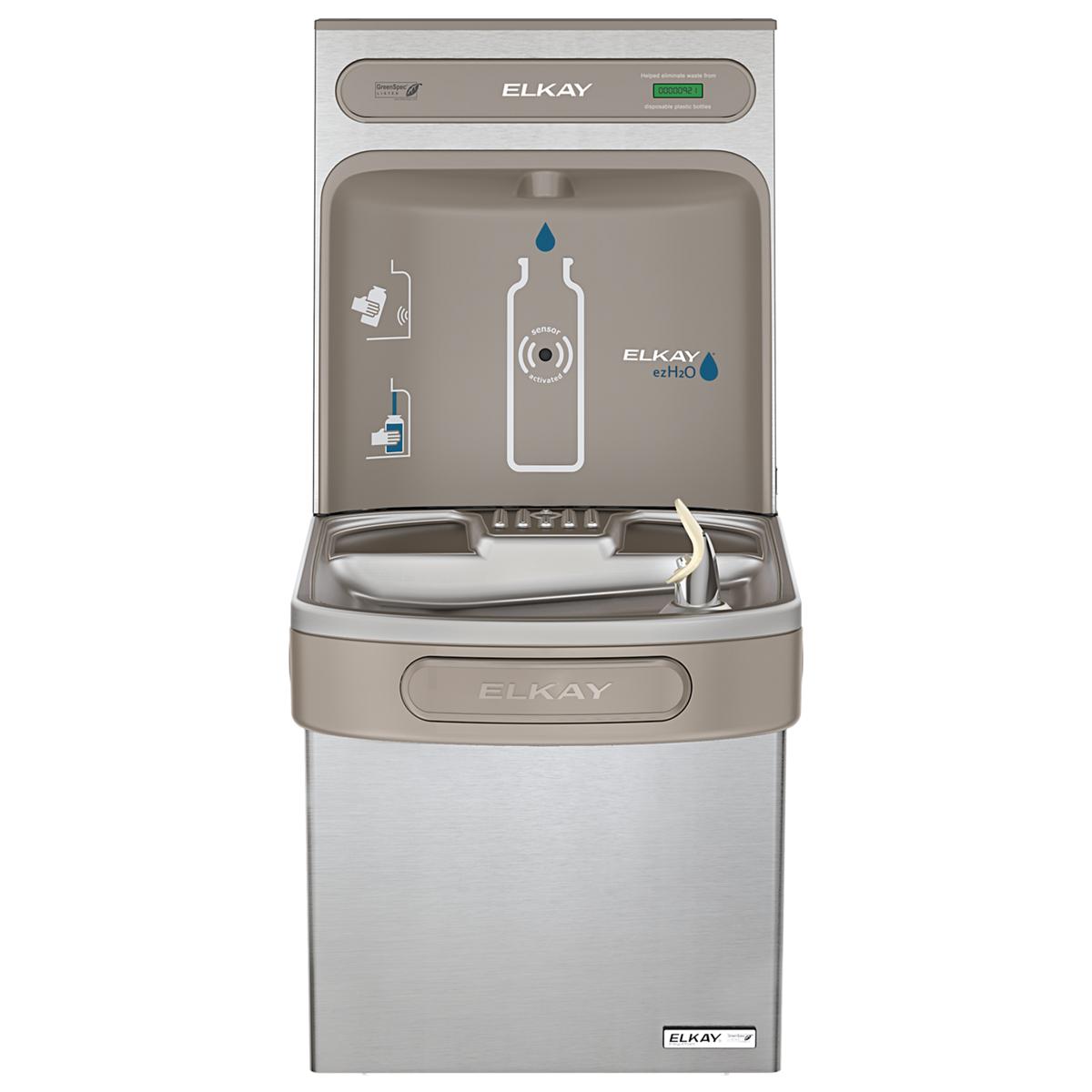 Elkay stainless steel bottle filling station and water cooler with gray housing and front-facing filling spouts.