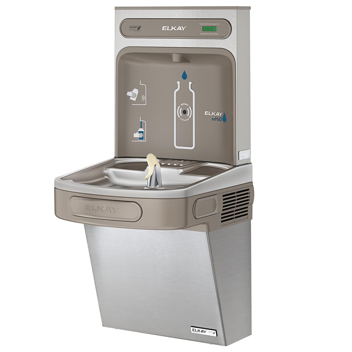 Stainless steel Elkay water cooler with bottle filling station, circular drinking fountain basin, and refrigeration unit belo