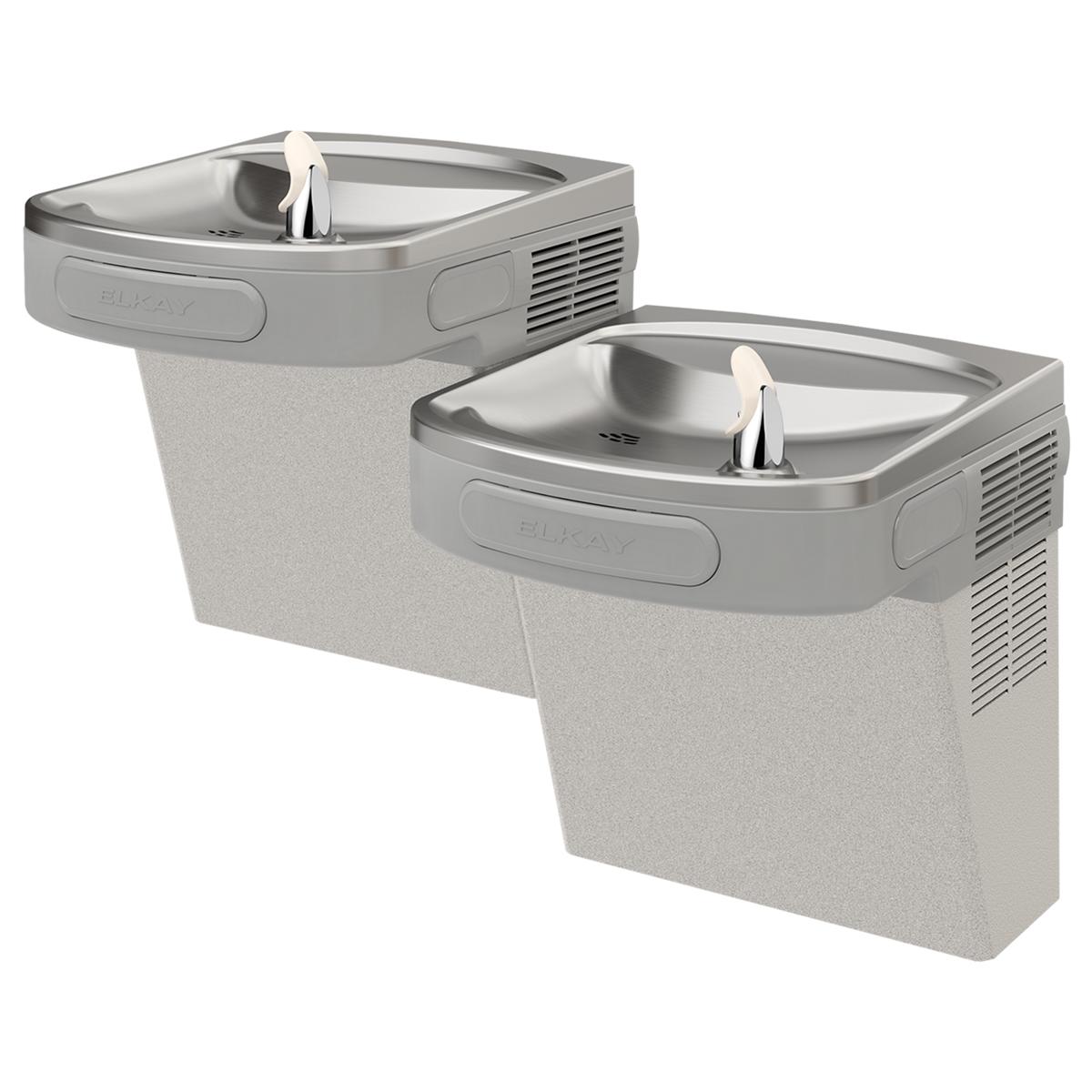 Wall-mounted bi-level water cooler with two stainless steel basins and white drinking fountains in light gray granite finish.