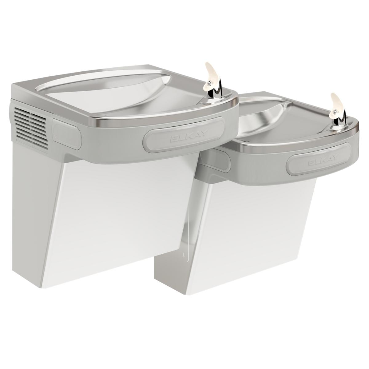 Stainless steel wall-mounted bi-level water cooler with two drinking fountains at different heights and refrigeration unit on