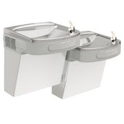 Stainless steel wall-mounted bi-level water cooler with two drinking fountains at different heights and refrigeration unit on