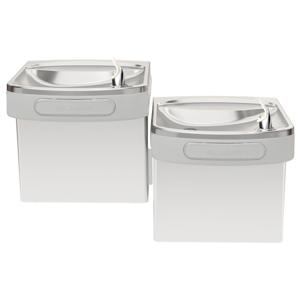 Stainless steel wall-mounted water cooler with two drinking fountains at different heights for accessibility.