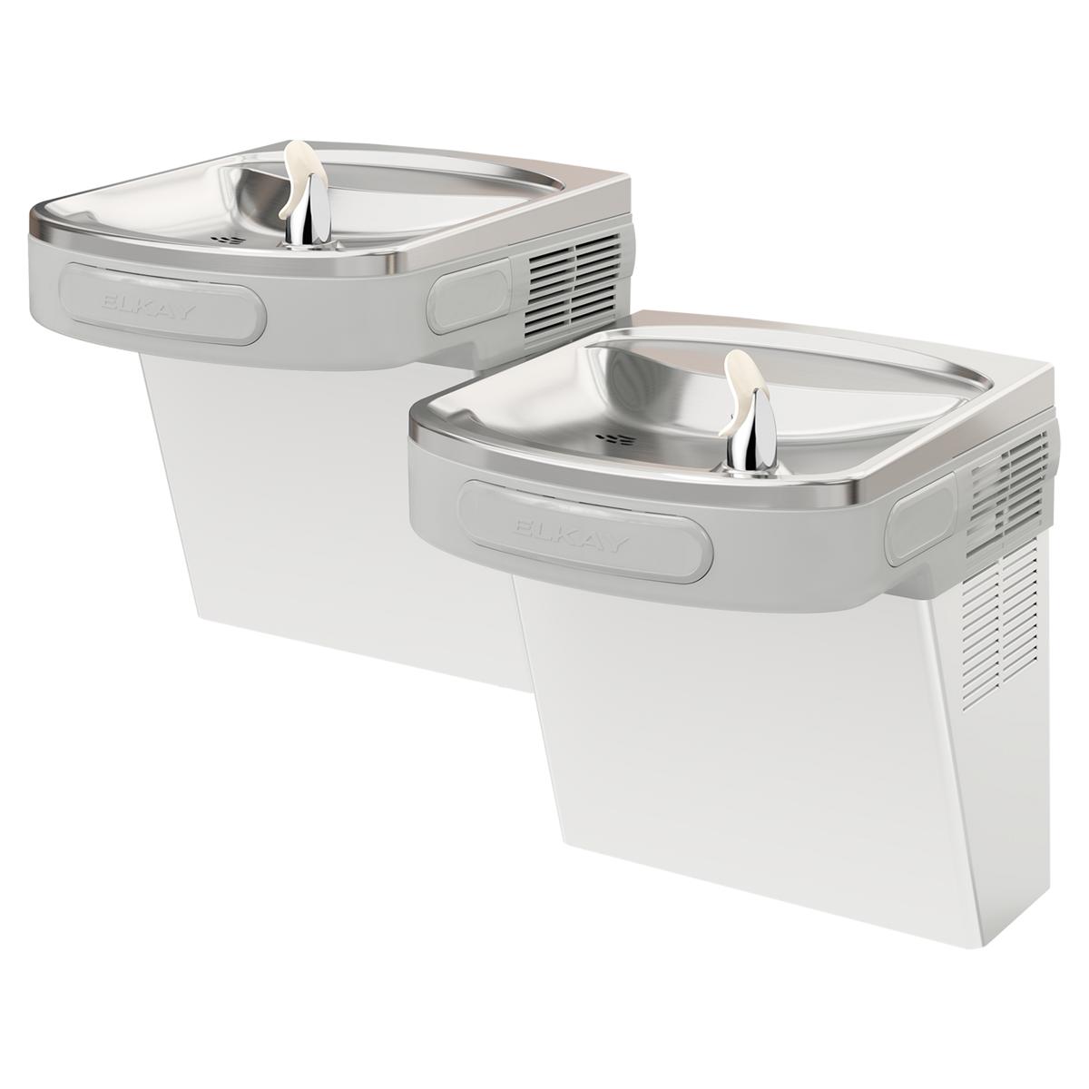 Stainless steel wall-mounted water cooler with two drinking fountains at different heights and cooling vents on the side.