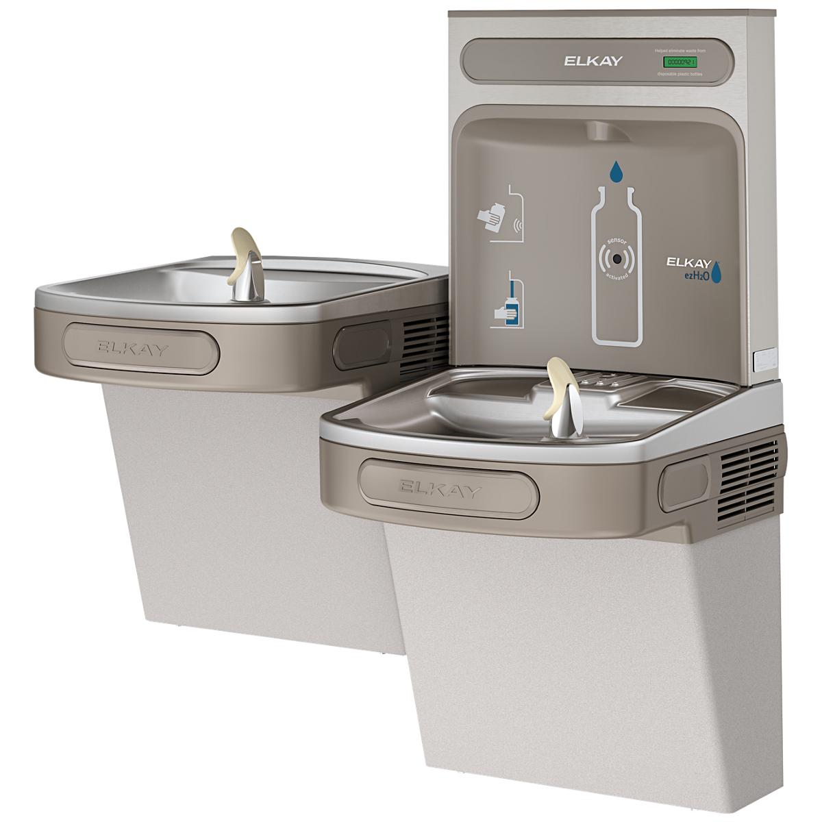 Light gray Elkay bi-level water cooler with two drinking fountains at different heights and a bottle filling station mounted 
