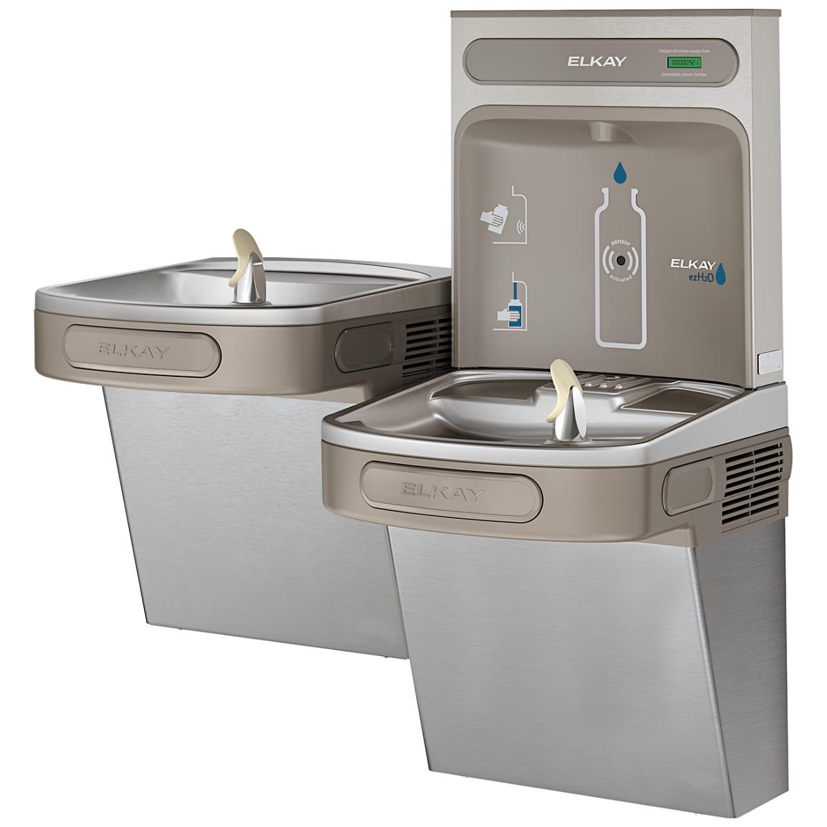 Stainless steel bi-level water cooler and bottle filling station with two drinking fountains and refrigerated dispenser unit.