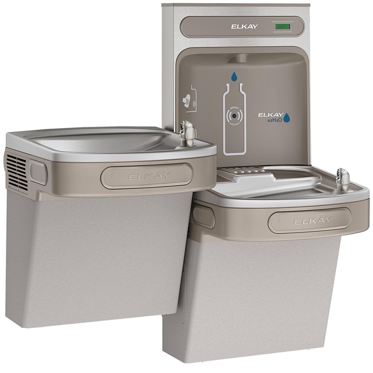 Light gray Elkay water cooler with bi-level drinking fountains and bottle filling station mounted on back panel.