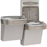 Light gray Elkay water cooler with bi-level drinking fountains and bottle filling station mounted on back panel.