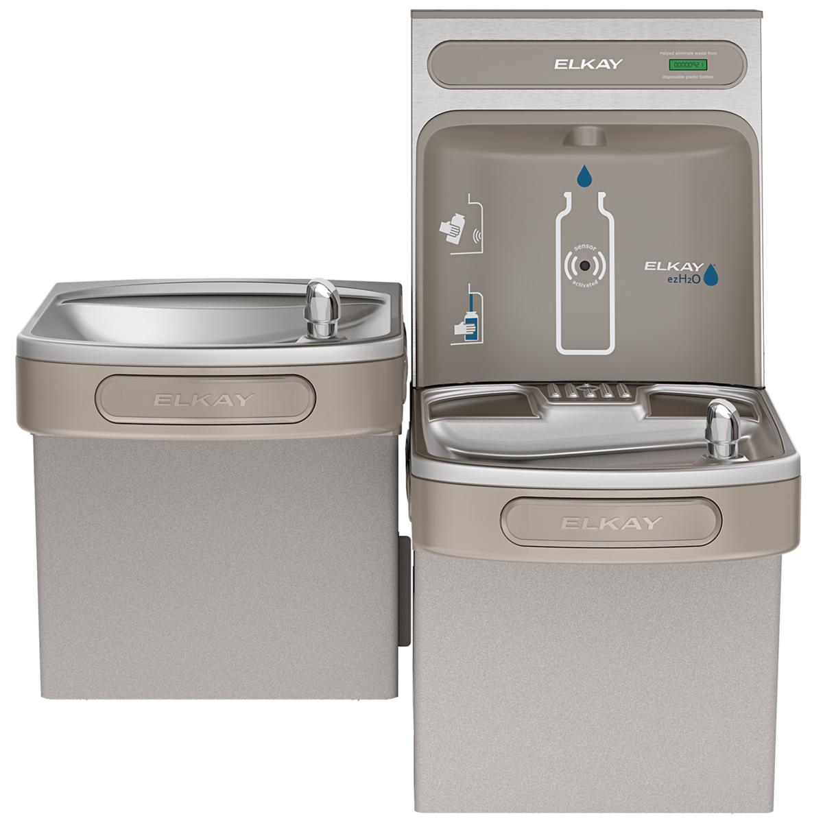 Light gray Elkay ezH2O dual-level water cooler and bottle filling station with stainless steel basins and digital display.