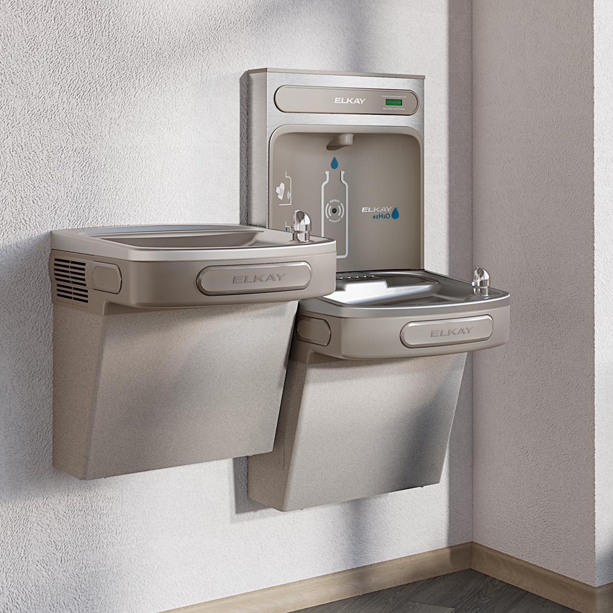 Light gray Elkay water cooler system with upper bottle filling station, lower left drinking fountain, and right lower basin m