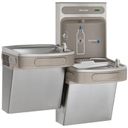 Elkay stainless steel water cooler and bottle filling station with bi-level drinking fountains and refrigerated water dispens