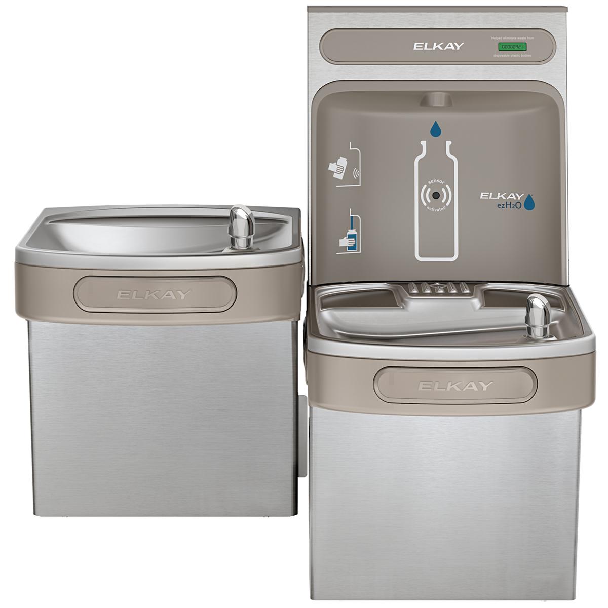 Stainless steel Elkay water coolers with dual drinking fountains and bottle filling station mounted on wall panel.