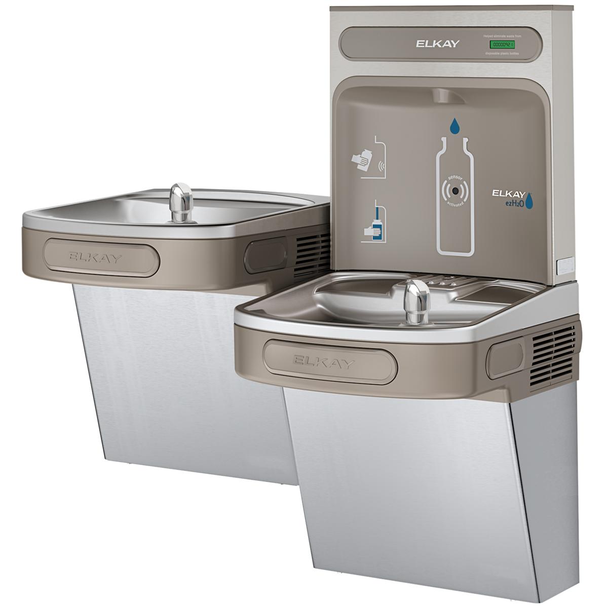 Stainless steel dual-level water cooler and bottle filling station with separate drinking fountains at different heights.
