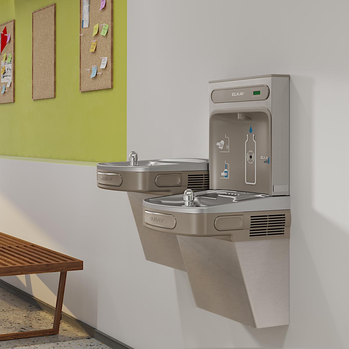 Stainless steel wall-mounted bi-level water cooler and bottle filling station in institutional setting with cork boards.