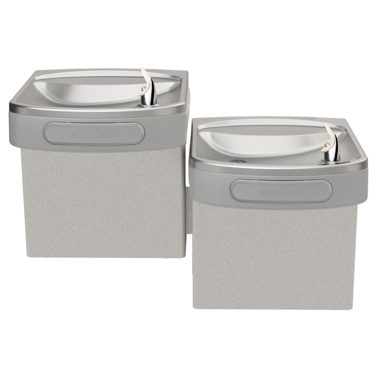 Wall-mounted bi-level water cooler with two stainless steel drinking fountains and light gray granite finish.