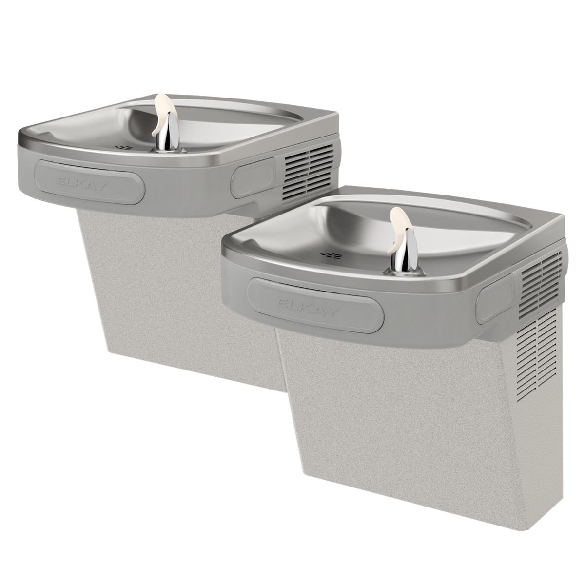 Light gray granite wall-mount water cooler with two stainless steel basins at different heights and push-button dispensers.