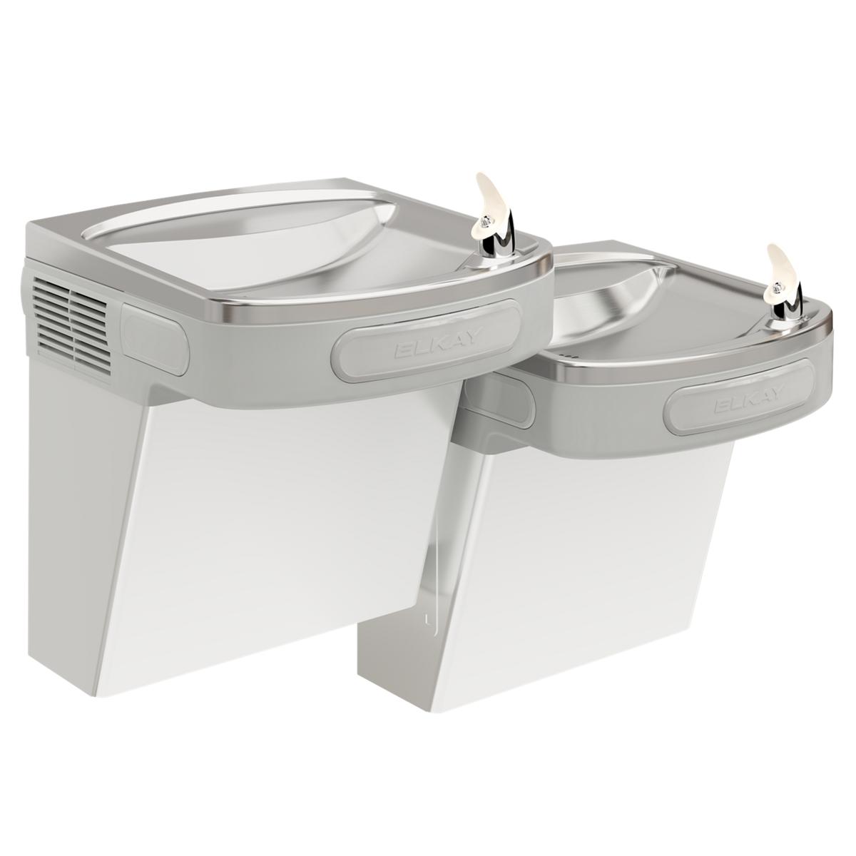 Stainless steel wall-mounted bi-level drinking fountain with two curved basins and drinking spouts at different heights.