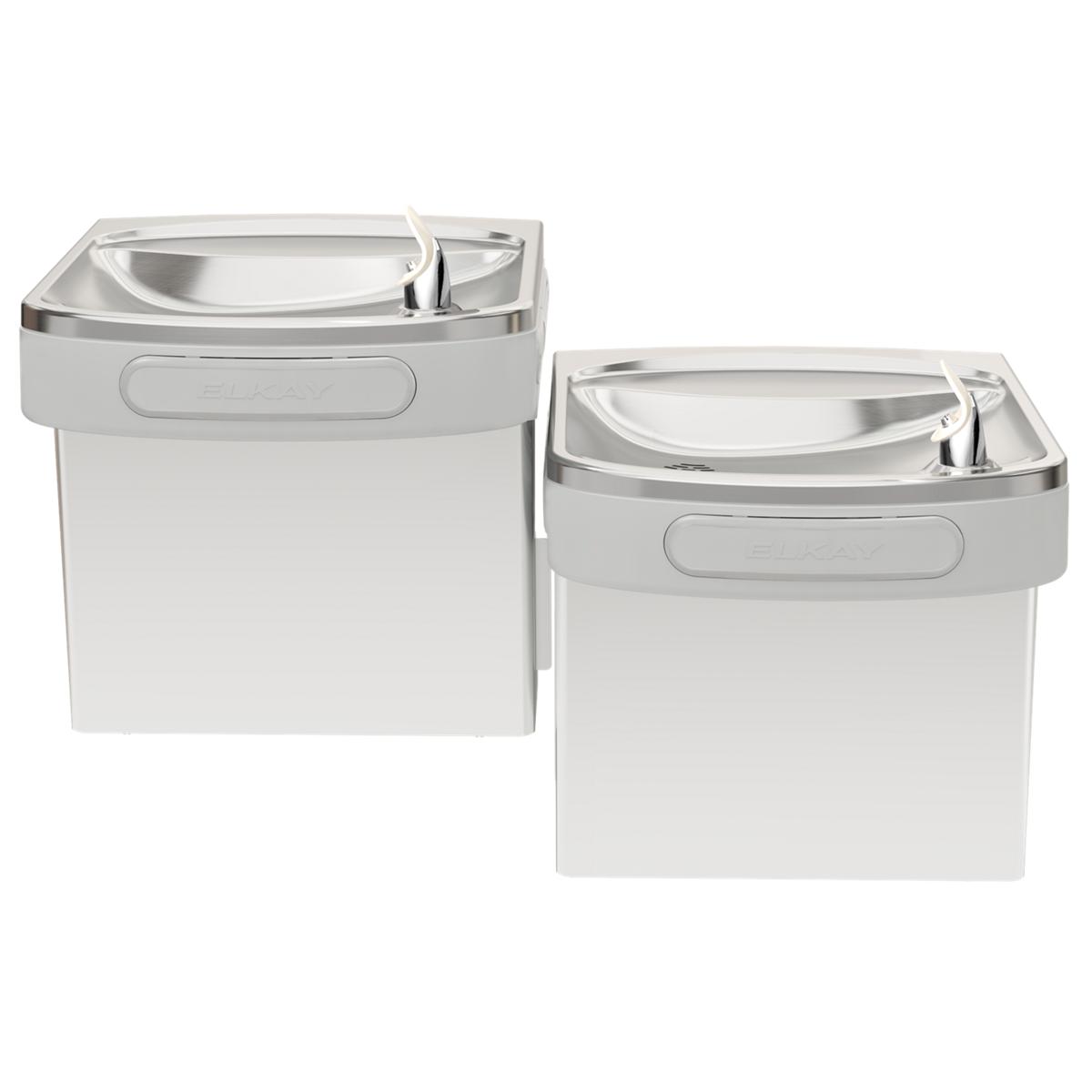Stainless steel wall-mounted water cooler with two drinking fountains at different heights for accessibility.