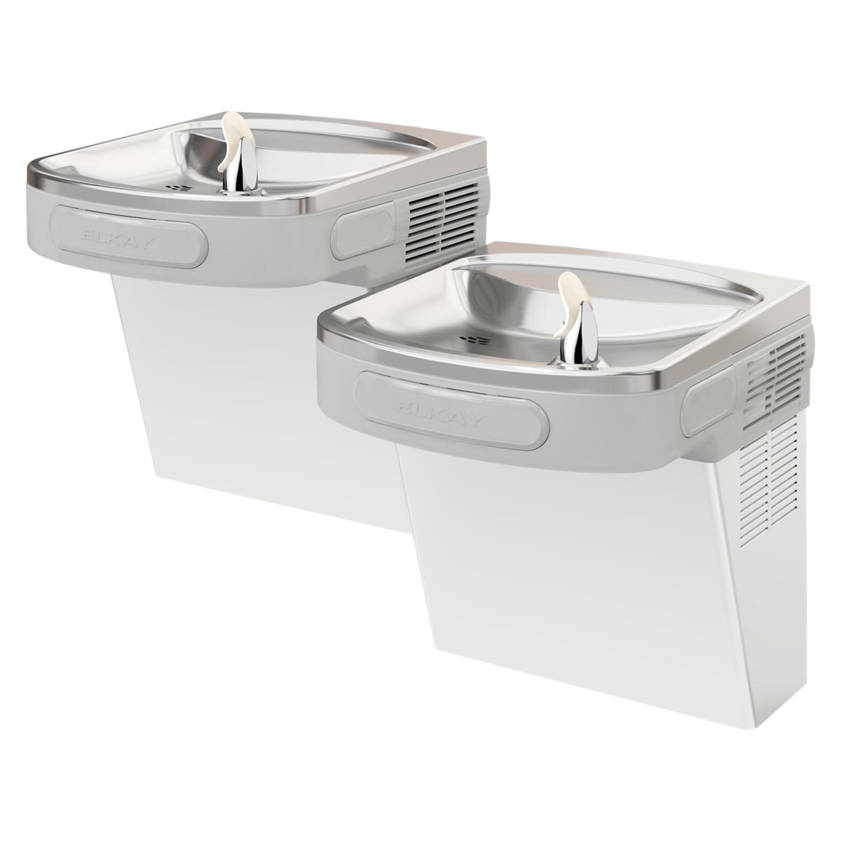 Stainless steel wall-mounted bi-level water cooler with two drinking fountains at different heights and side ventilation gril