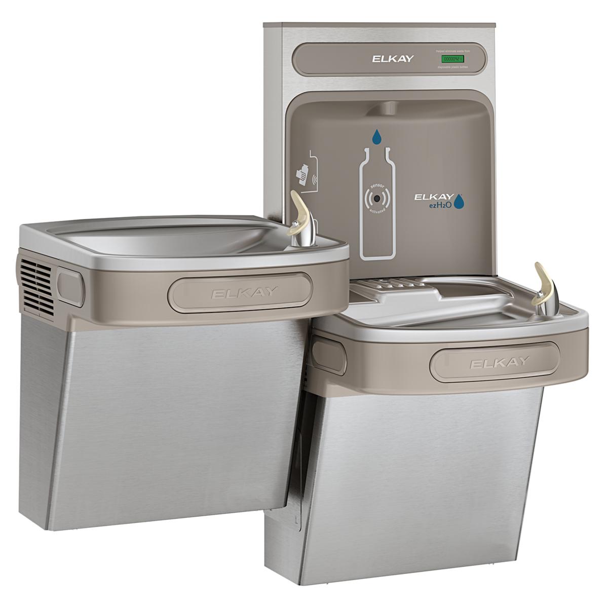 Stainless steel Elkay water station with two drinking fountains at different heights and wall-mounted bottle filling dispense