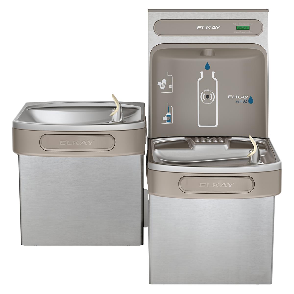 Elkay stainless steel bi-level water cooler and bottle filling station with two access heights and control panel.
