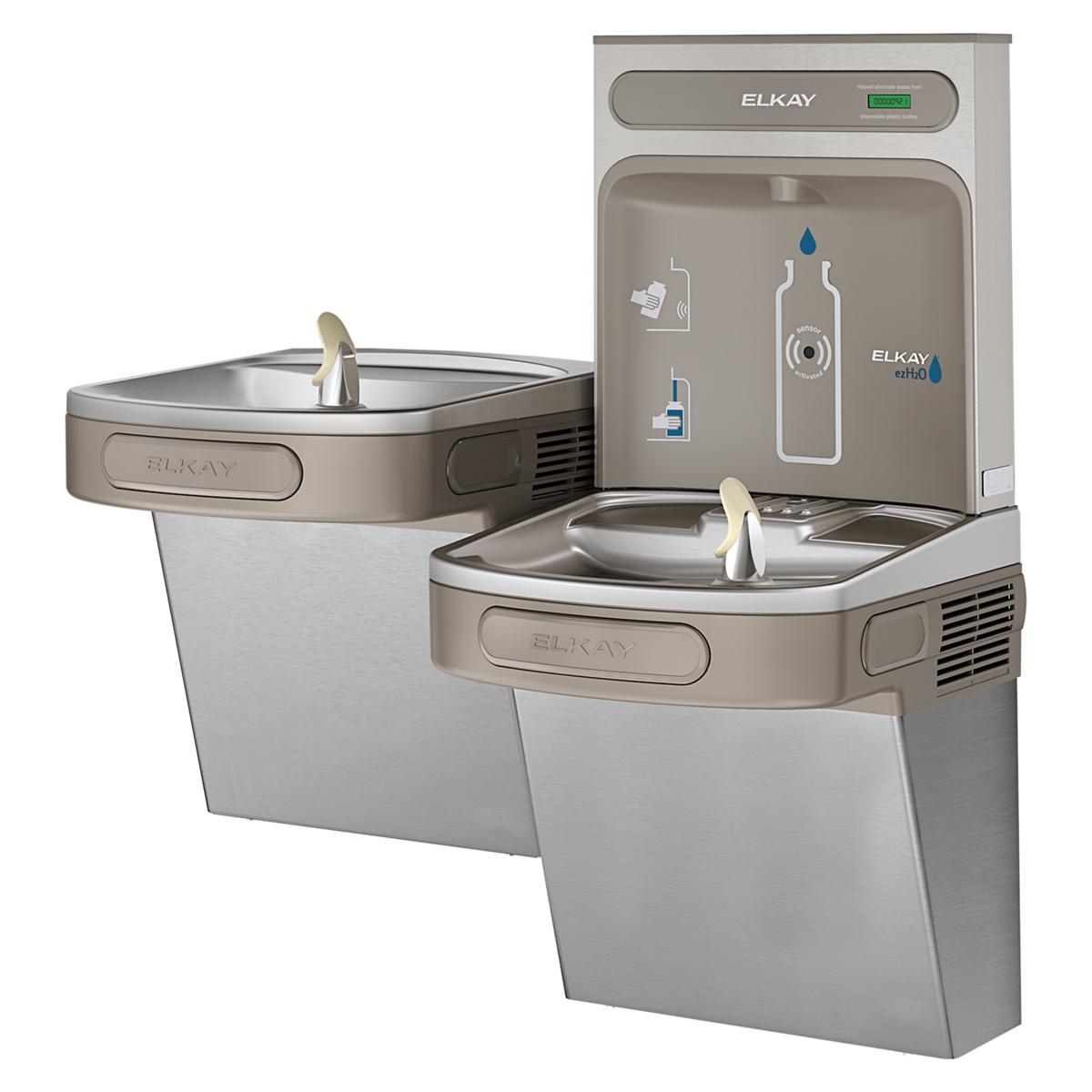 Stainless steel bi-level water cooler with dual drinking fountains and bottle filling station with digital display panel.