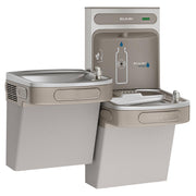 Light gray Elkay ezH2O drinking fountain with dual basins at different heights, bottle filling station above, and digital dis