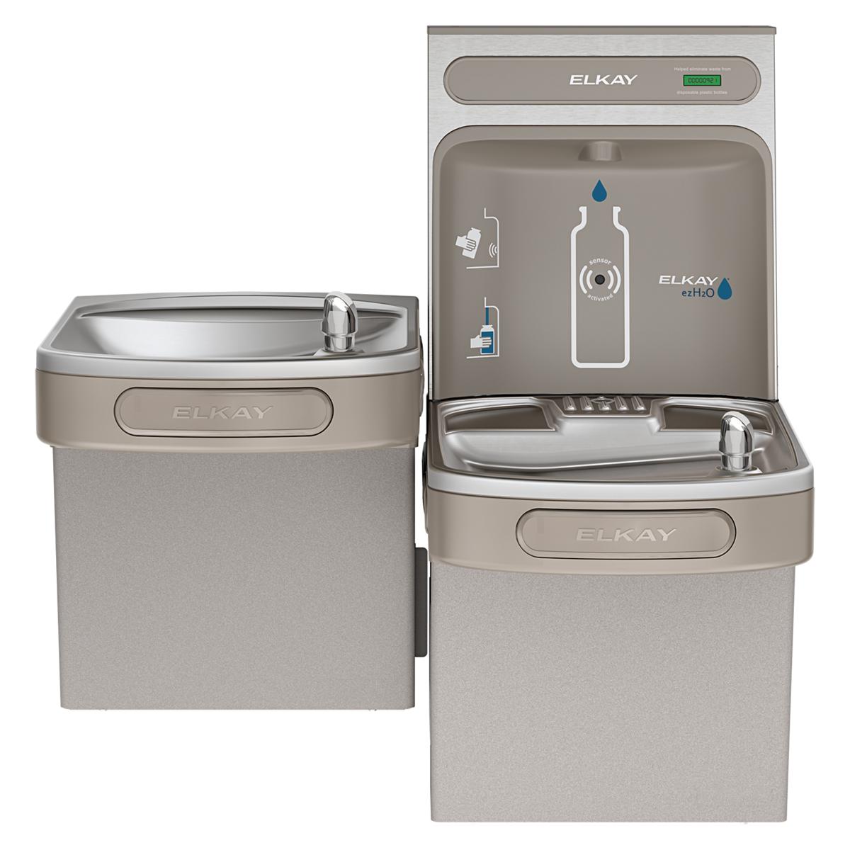 Elkay light gray bi-level water cooler with bottle filling station on upper unit and drinking fountain on lower unit.