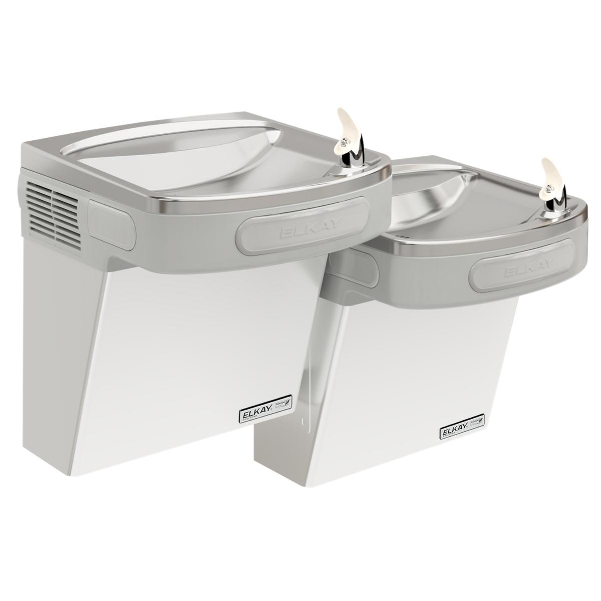 Stainless steel wall-mounted water cooler with two drinking fountains at different heights and chrome faucets.