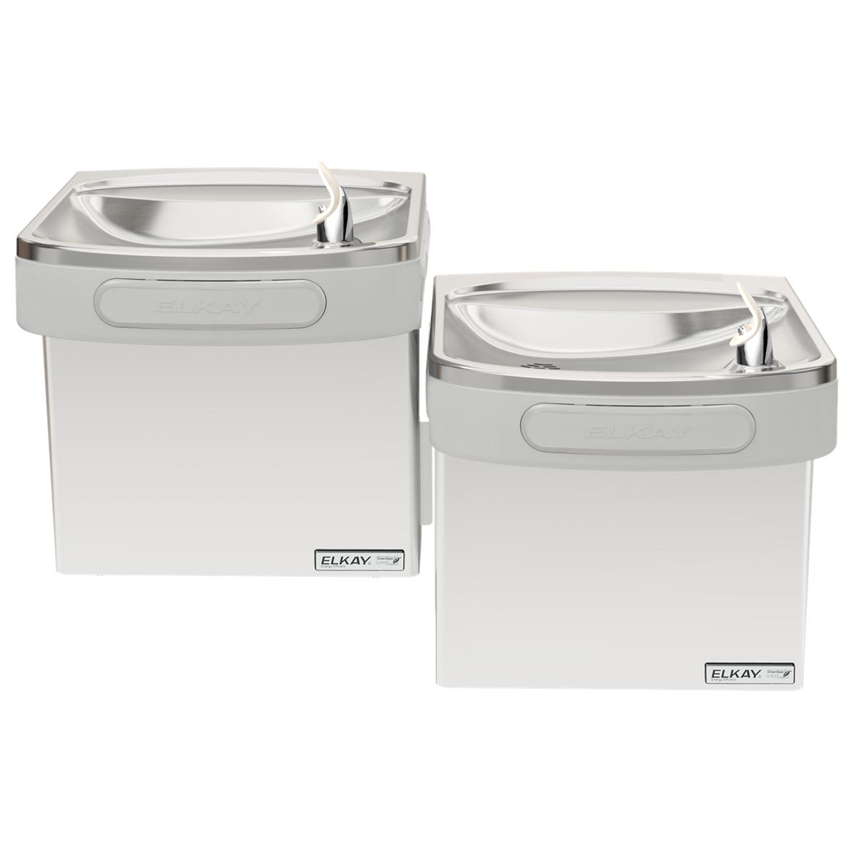 Two stainless steel wall-mounted water coolers with bi-level drinking fountains and curved basin fronts.