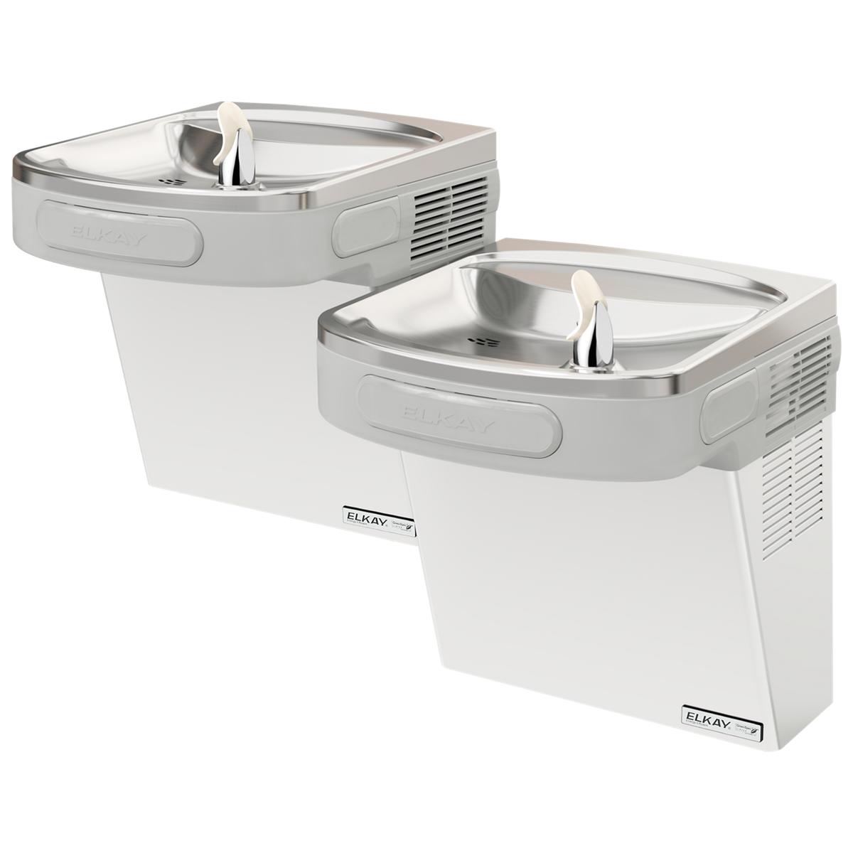 Stainless steel wall-mounted dual-level water cooler with drinking fountains at different heights and refrigeration unit on r