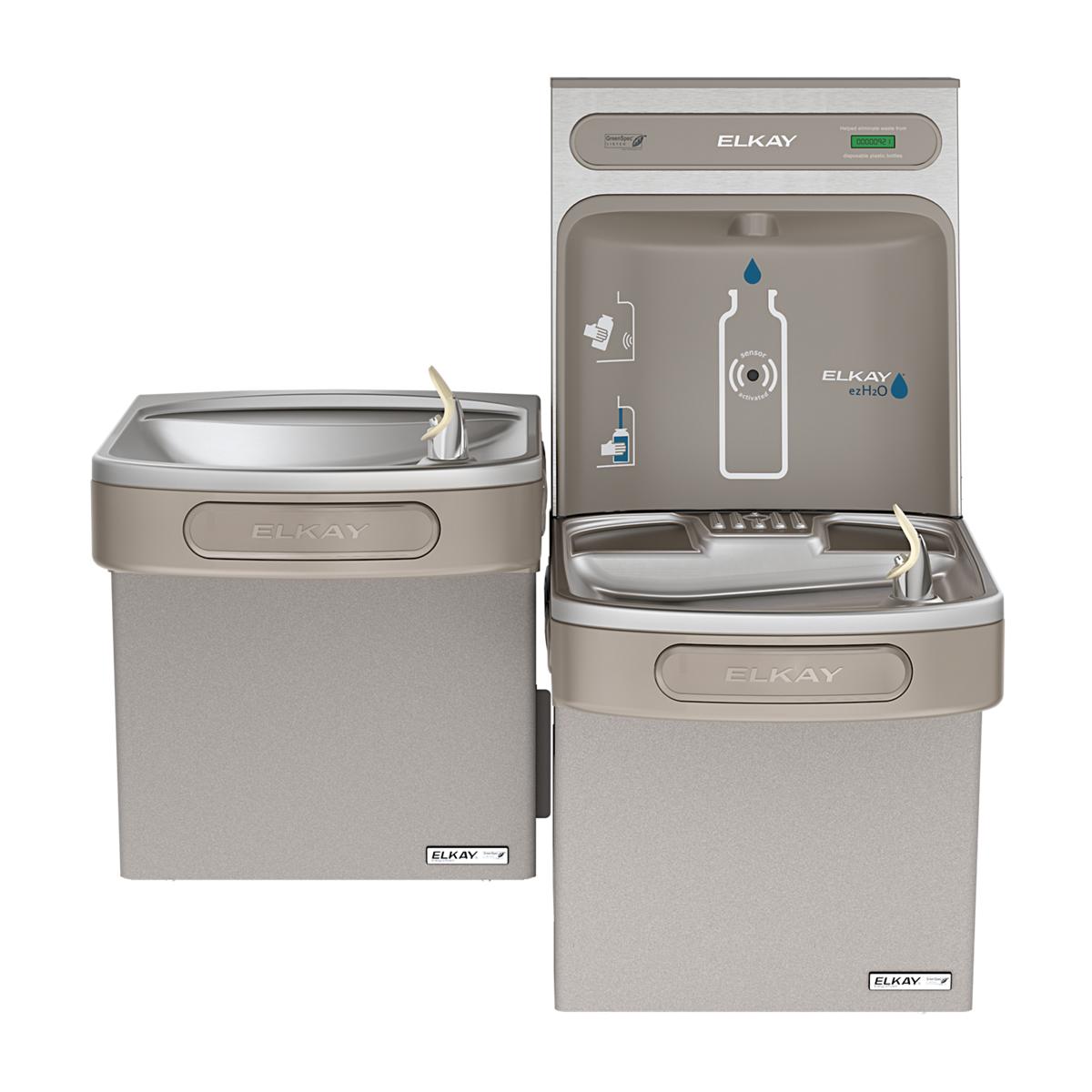 Light gray Elkay dual-level water cooler and bottle filling station with curved drinking fountains and control panel.