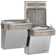Stainless steel water cooler and bottle filling station with two drinking fountains at different heights and wall-mounted dis