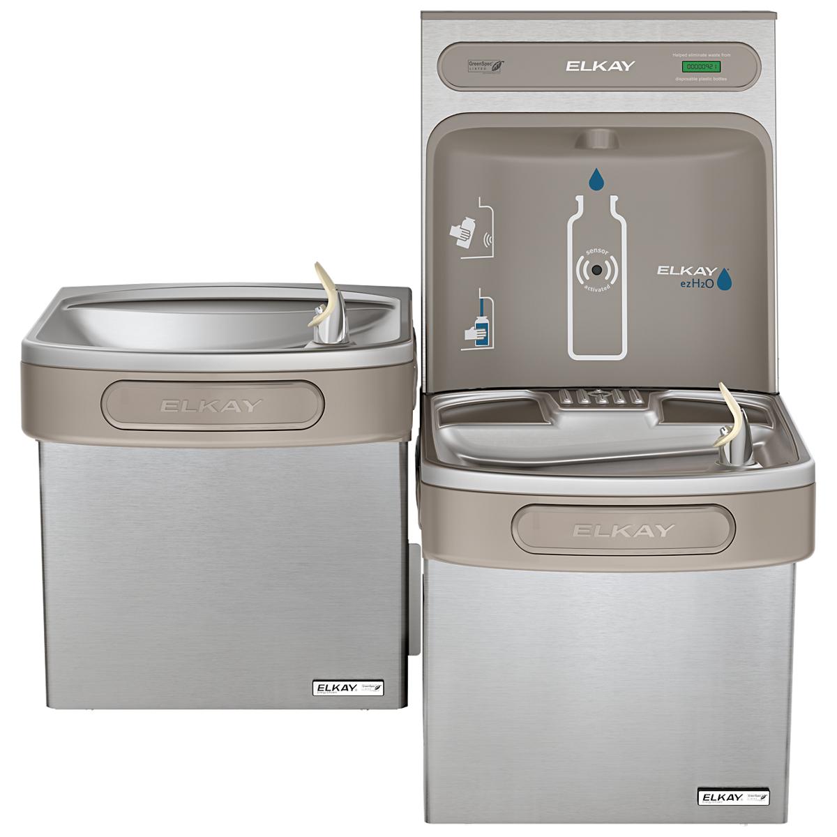 Elkay stainless steel bottle filling station and bi-level water cooler with dual drinking fountains and digital display.