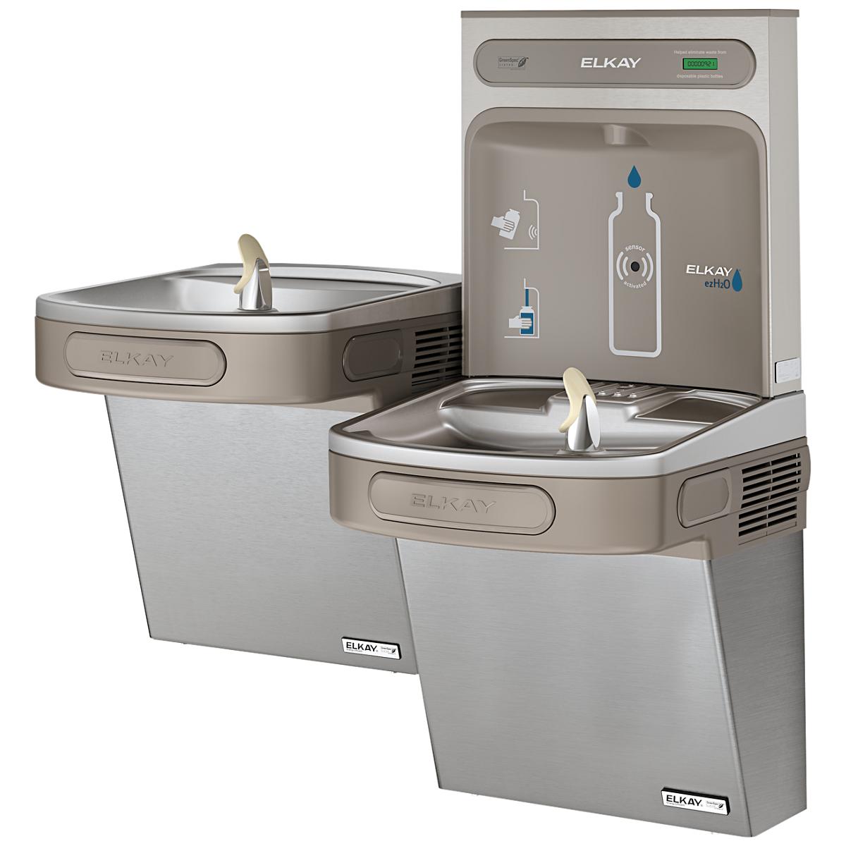 Elkay stainless steel bi-level water cooler and bottle filling station with two drinking fountains and digital display panel.