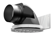 White plastic soffit vent termination with black cylindrical duct connector and damper louvers.
