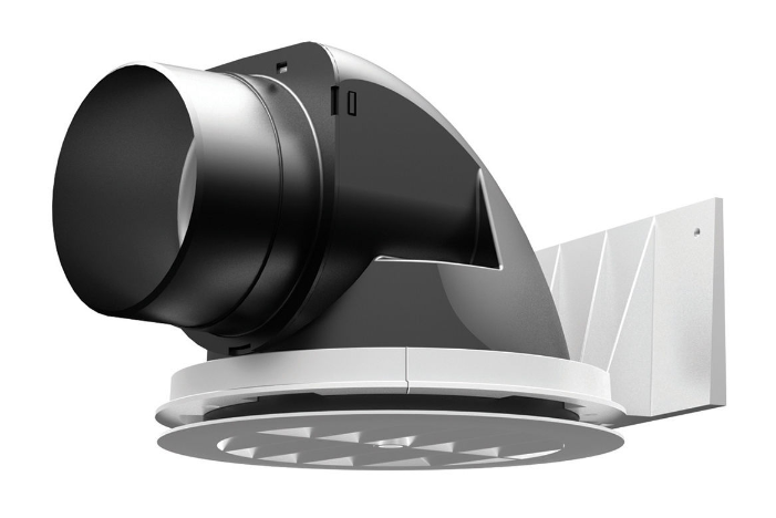 White plastic soffit vent termination with black cylindrical duct connector and damper louvers.