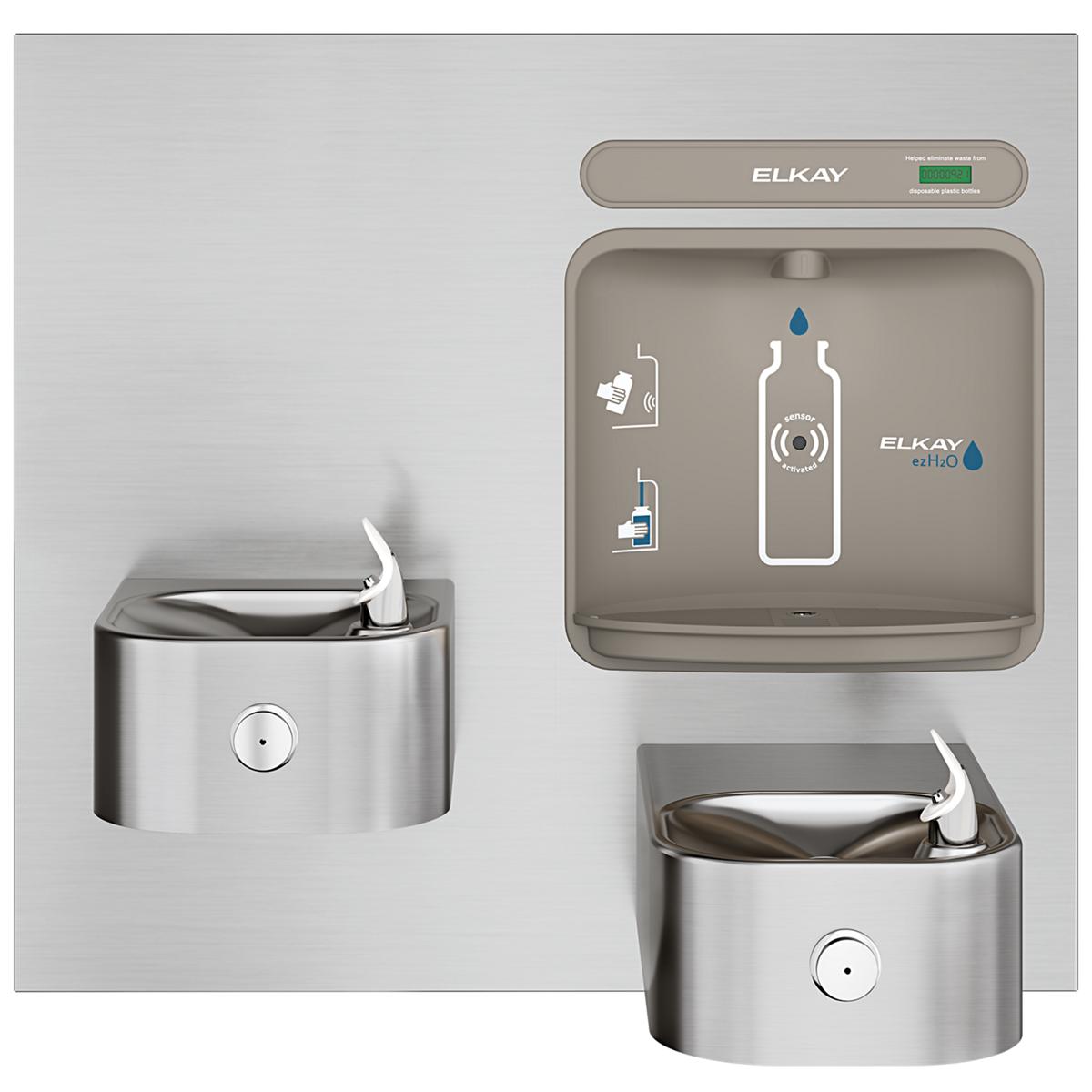 Elkay stainless steel water fountain with bottle filling station, soft-sided basin, and wall-mounted control panel.