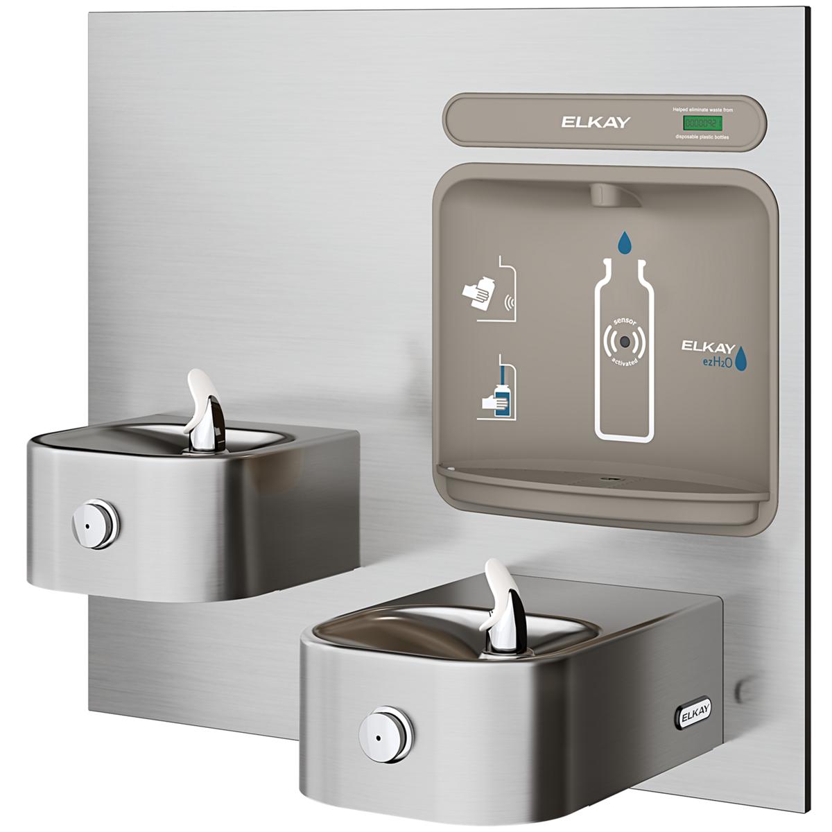 Stainless steel water fountain with dual basin spouts and integrated bottle filling station mounted on wall.