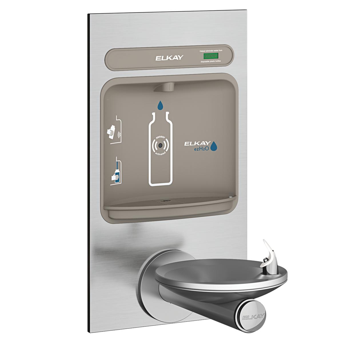 Stainless steel wall-mounted water filling station with integral drinking fountain bowl and bottle filling slot.