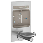Stainless steel wall-mounted water filling station with integral drinking fountain bowl and bottle filling slot.
